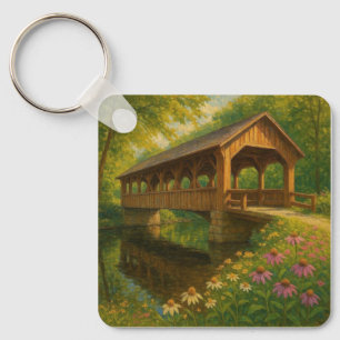 Beautiful summer covered bridge art keychain
