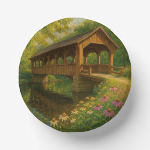 Beautiful summer covered bridge art paper bowls