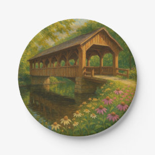 Beautiful summer covered bridge art paper plates