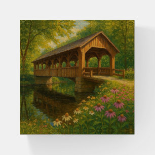 Beautiful summer covered bridge art paperweight