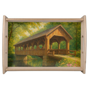 Beautiful summer covered bridge art serving tray