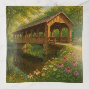 Beautiful summer covered bridge art trinket tray