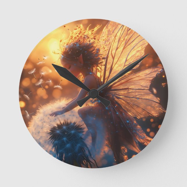 Beautiful Sun Fairy with Dandelion Round Clock (Front)