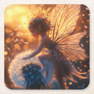 Beautiful Sun Fairy with Dandelion Square Paper Coaster