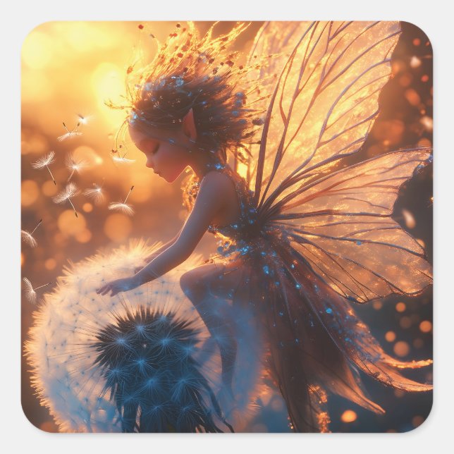 Beautiful Sun Fairy with Dandelion Square Sticker (Front)