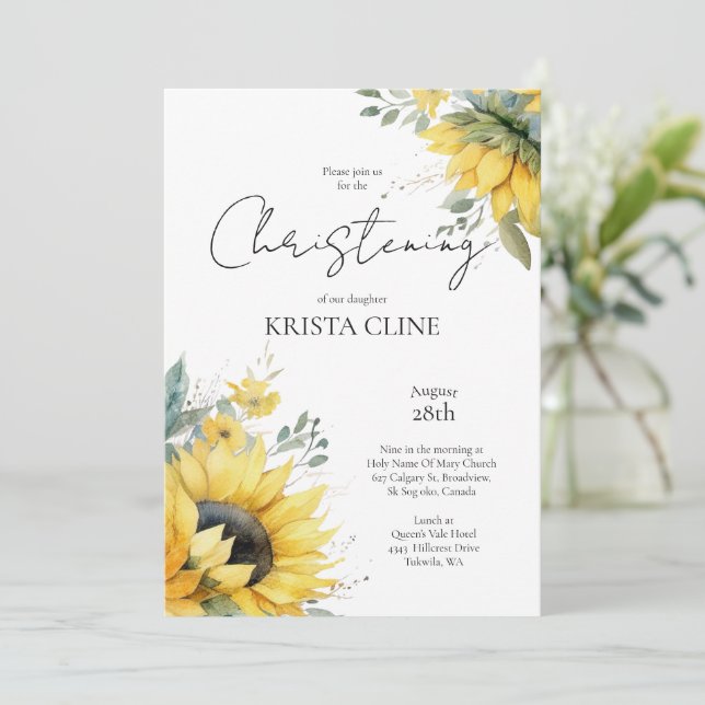 Beautiful Sunflower Christening Invitation (Standing Front)