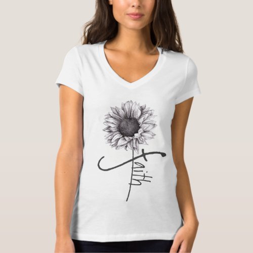 Beautiful Sunflower Drawing with Faith on it T_Shirt