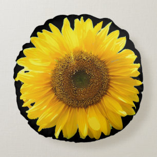 Beautiful Sunflower on Black Round Pillow