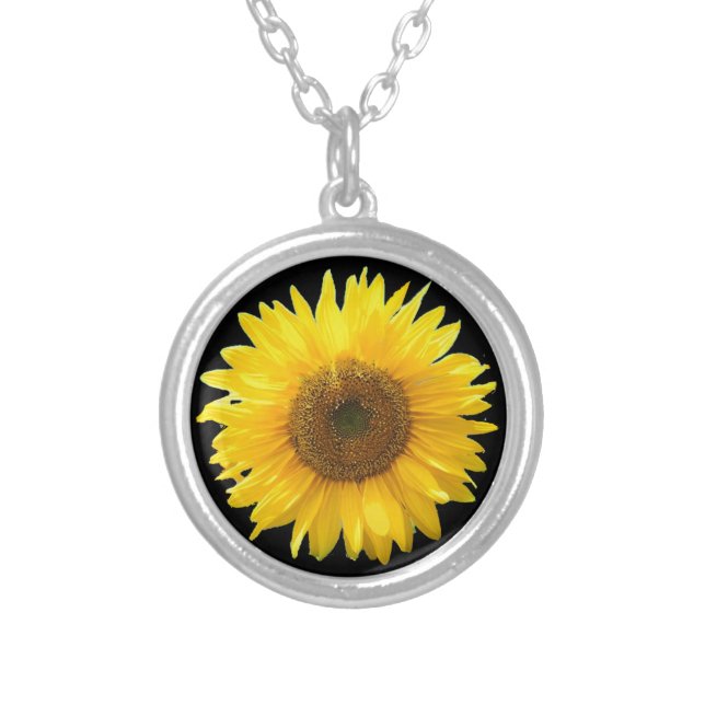 Beautiful sunflower on black silver plated necklace (Front)