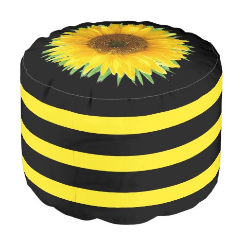 Beautiful Sunflower on Black  Yellow Striped Pouf