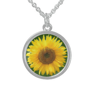 Beautiful sunflower on green forest sterling silver necklace