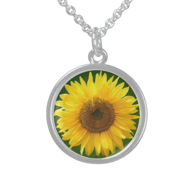 Beautiful sunflower on green forest sterling silver necklace (Front)