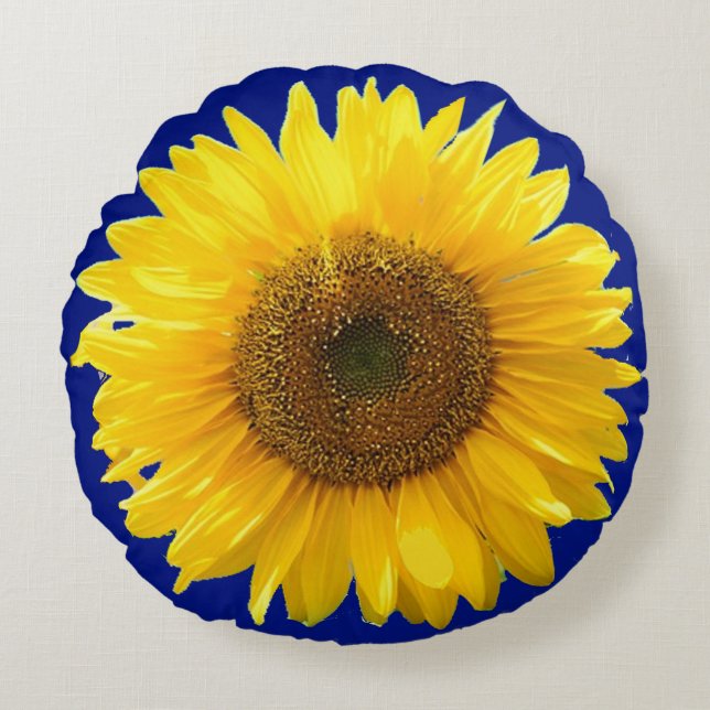 Beautiful Sunflower on Royal Blue Round Pillow (Front)
