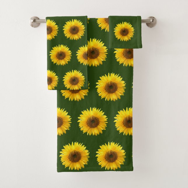Beautiful sunflower pattern on forest green bath towel set (Insitu)