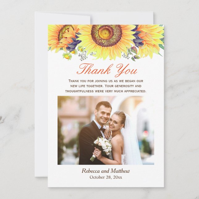 Beautiful Sunflower Rustic Wedding Photo Thank You Card (Front)