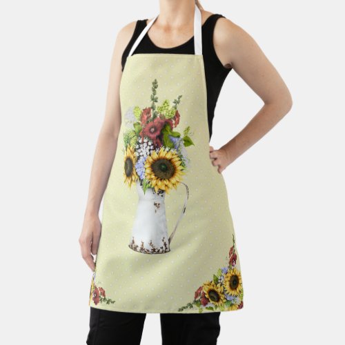 Beautiful Sunflower Watercolor Yellow Polka Dot Apron