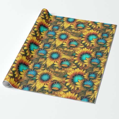 Beautiful Sunflower Yellow Teal Abstract Pattern Wrapping Paper