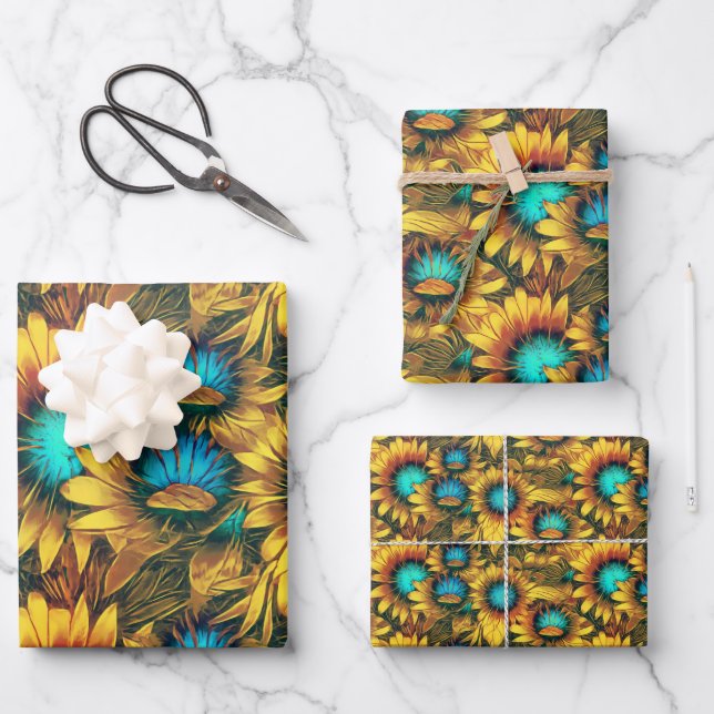 Beautiful Sunflower Yellow Teal Abstract Pattern Wrapping Paper Sheets (Front)