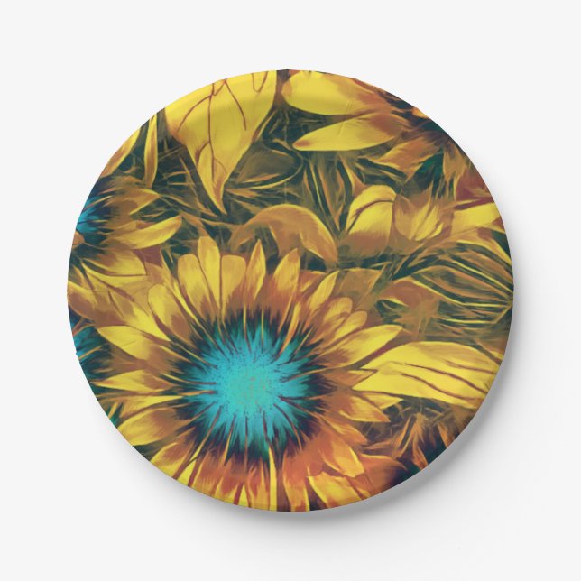 Beautiful Sunflower Yellow Teal Floral Pattern Paper Plates (Front)