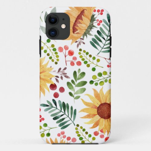 Beautiful Sunflowers and Berries Watercolor  iPhone 11 Case