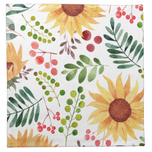 Beautiful Sunflowers and Berries Watercolor   Cloth Napkin