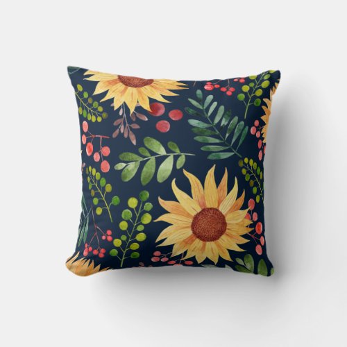Beautiful Sunflowers and Berries Watercolor  Throw Throw Pillow