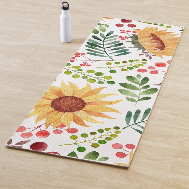 Beautiful Sunflowers and Berries Watercolor    Yoga Mat (In Situ)