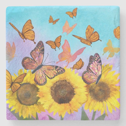 Beautiful Sunflowers Butterflies Flower Garden Stone Coaster