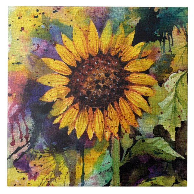Beautiful Sunflowers In Watercolor Ceramic Tile (Front)