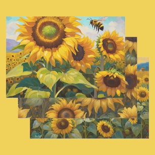 Beautiful Sunflowers Summer Birthday Giftwrap 3 Wrapping Paper Sheets