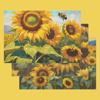 Beautiful Sunflowers Summer Birthday Giftwrap 3 Wrapping Paper Sheets