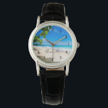 Beautiful Sunny Tropical Beach Photo Watch<br><div class="desc">A watch with a lovely photograph. A white sandy beach with azure blue water. Relaxing image with a sunny sky and gentle foamy surf with some cute tropical leaves framing the image.</div>