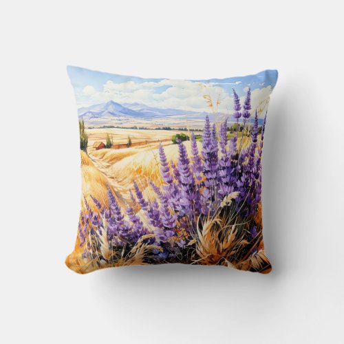 Beautiful Sunny Watercolor Prairie Landscape Throw Pillow