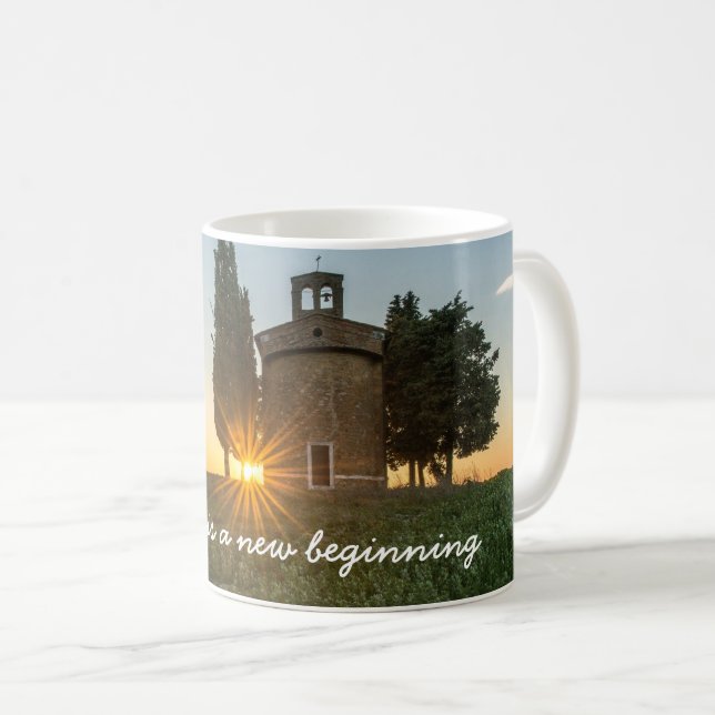 Beautiful Sunrise Bell Tower Meadow Inspirational Coffee Mug (Front Right)