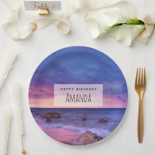 Beautiful Sunset Coastal Photograph Birthday Paper Plates