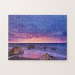 Beautiful Sunset Coastal Photograph Jigsaw Puzzle<br><div class="desc">A puzzle with a lovely photograph featuring striking colors of purple,  blue  and pink at sunset. 
A pretty coastline scattered with rocks.</div>