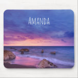 Beautiful Sunset Coastal Photograph Mouse Pad<br><div class="desc">Mousepad with a lovely photograph featuring striking colors of purple,  blue  and pink at sunset. 
A pretty coastline scattered with rocks.</div>