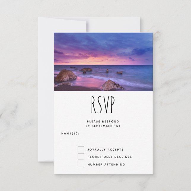 Beautiful Sunset Coastal Photograph Wedding RSVP Card (Front)