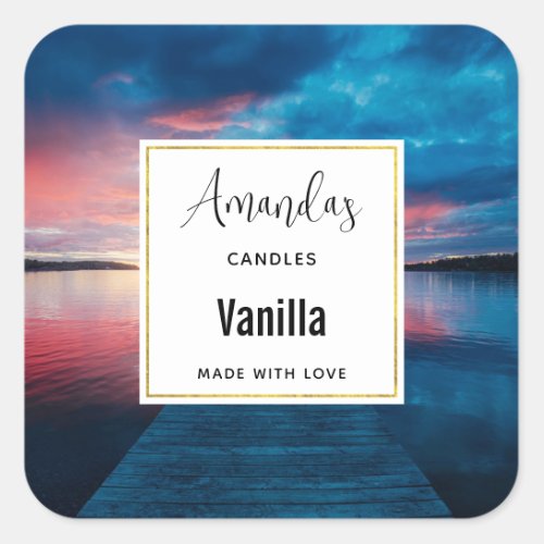 Beautiful Sunset on a Calm Lake Candle Business Square Sticker