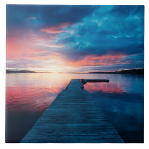 Beautiful Sunset on a Calm Lake Ceramic Tile