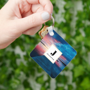 Beautiful Sunset on a Calm Lake Monogram Keychain