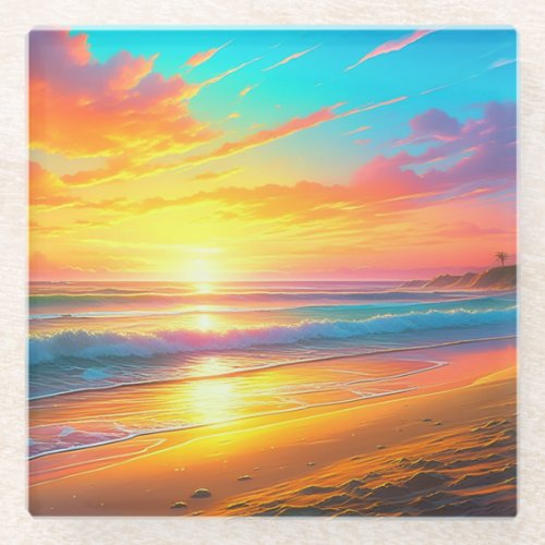 Beautiful Sunset on the Ocean Sandy Beach Glass Coaster