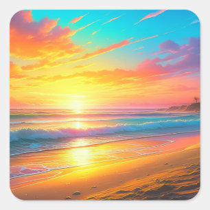 Beautiful Sunset on the Ocean Sandy Beach Square Sticker