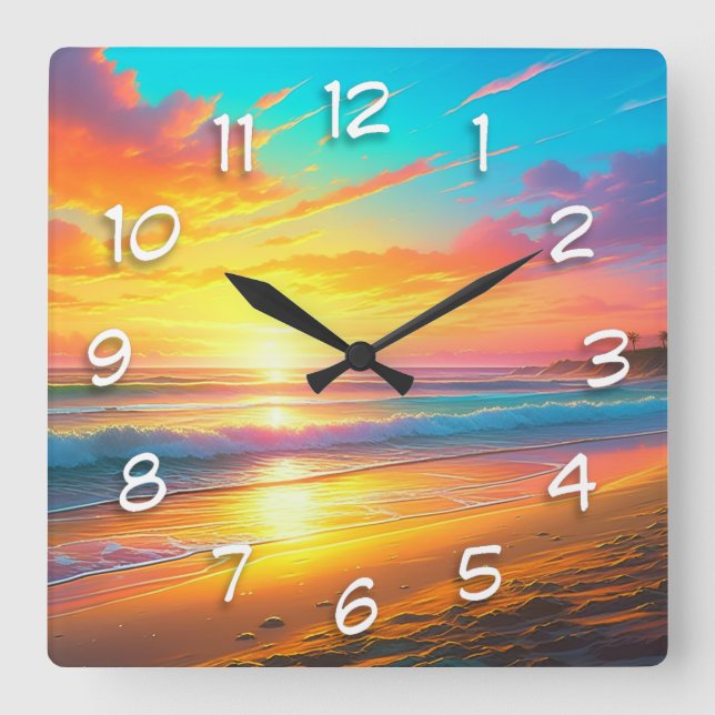 Beautiful Sunset on the Ocean Sandy Beach Square Wall Clock (Front)