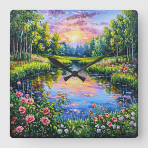 Beautiful sunset over a river square wall clock