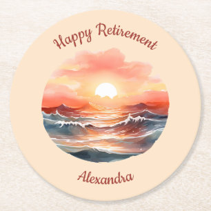 Beautiful Sunset Over Ocean Waves Retirement Round Paper Coaster