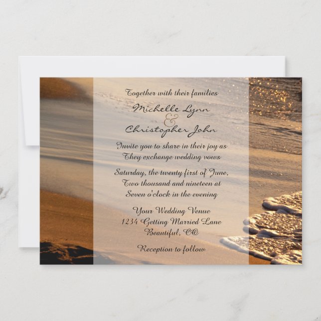 Beautiful Sunset, Sandy Beach, Surf Wedding Invite (Front)