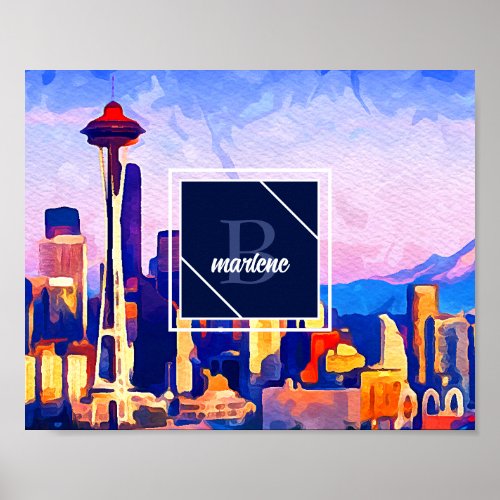 Beautiful Sunset Seattle Skyline Monogrammed Poster