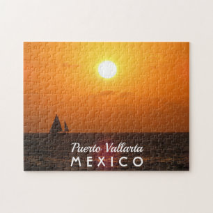 Beautiful Sunset With Boat Puerto Vallarta Mexico Jigsaw Puzzle