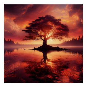 Beautiful Sunset With Tree In Foreground Poster